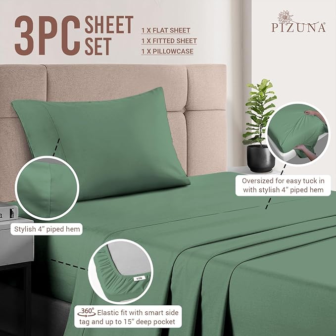 Pizuna Pure 100% Cotton Sheet Set Twin, Luxurious 400 Thread Count Long Staple Cotton Sateen Sheets Twin with 15" Deep Pocket (Hedge Green)