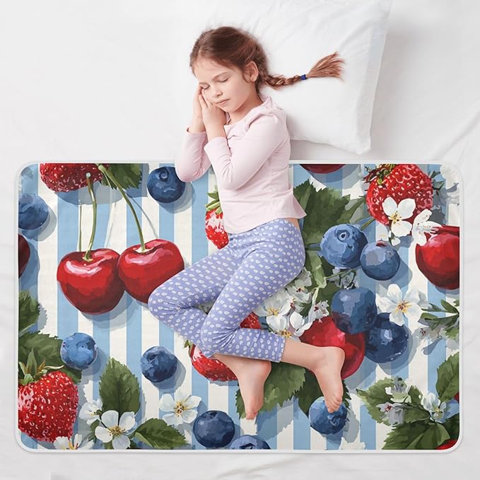 Waterproof Bed Pad Reusable Changing Pad Toddler Mattress Protector Large Pee Pad Baby Diaper Pad Soft Washable Liner Blue Stripe Strawberries Cherries Blueberries