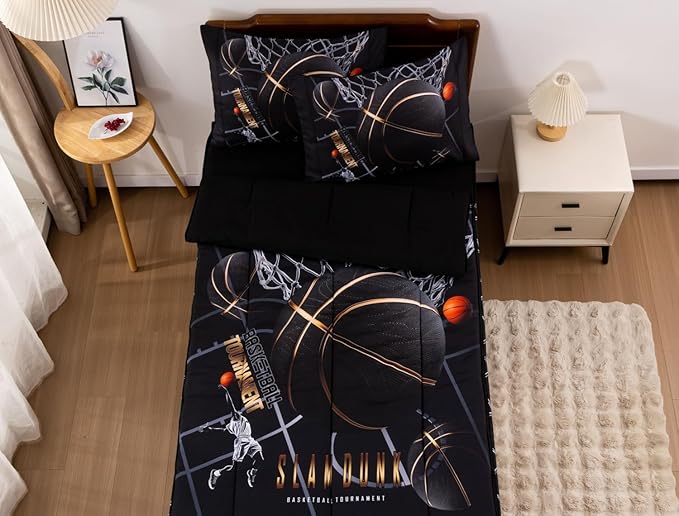 Meeting Story 3pcs Kids Comforter Set Twin Zipper Bedding Set for Boys,Ball Bedding Set Sport Comforter Set for Kid,All in one Zipper Bedding（BlackGold,Twin）