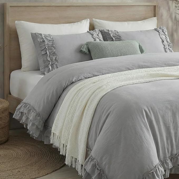 Bedorm Gray Twin Duvet Cover Set Ruffle Bedding Set Pleat Ruffled Shabby Chic Comforter Cover Extra Soft & Easy Care Gray Boho Duvet Cover with Zipper Closure