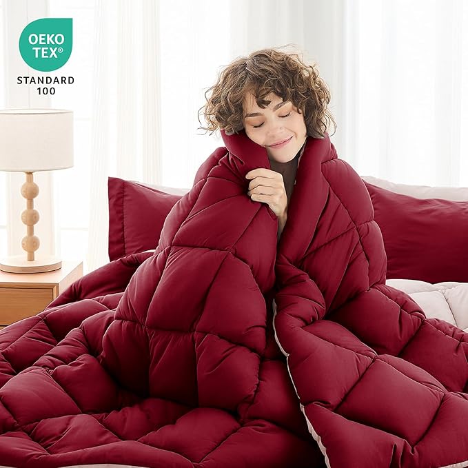 MUXHOMO 5 Pieces Twin XL Comforter Set, Reversible Bed in a Bag Twin XL Size, All Season Bedding Set with Comforter, Flat Sheet, Fitted Sheet, Pillowcases & Shams, Burgundy & Rose Gold