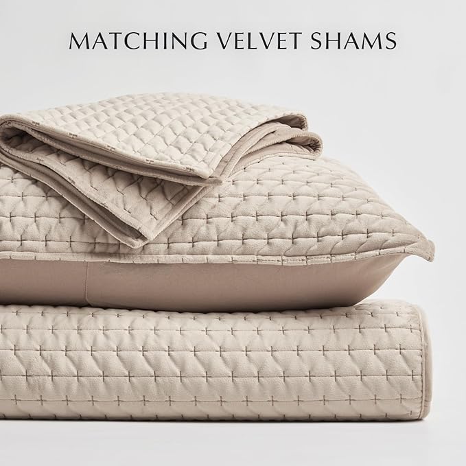 EVERGRACE Luxury Velvet Quilt Set Queen Size 3 Piece, Soft Cross-Stitch Velvet Comforter Set with Pillow Shams, Lightweight Coverlet Bedspread Bedding Set for All Seasons, Light Taupe