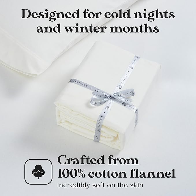 Superior Flannel Cotton Bed Sheet Set, Set Includes: One Flat Sheet, One Fitted Sheet and One Pillowcase, Breathable, Modern Solid Classic, Twin XL, Ivory