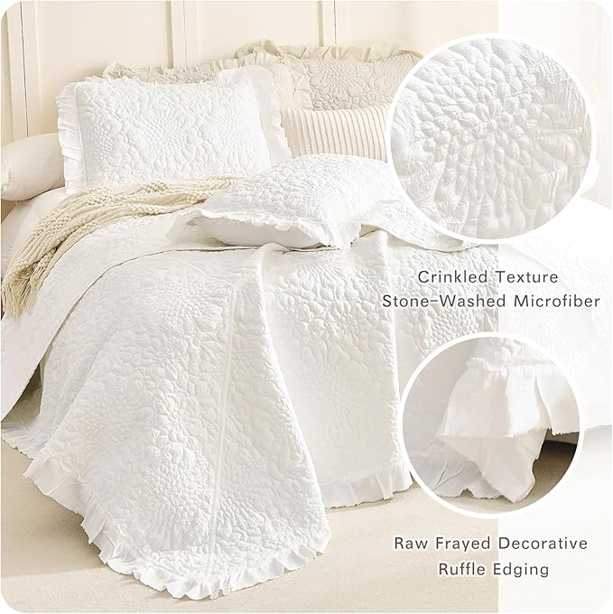 Lady Ann Cream White Oversized King Quilt Set, Stone-Washed Ruffle Oversized King Bedspreads 128x120 for Bed, Lightweight 3 PCS Quilted Crinkled Coverlet Farmhouse Rustic Shabby Bedding Set All Season