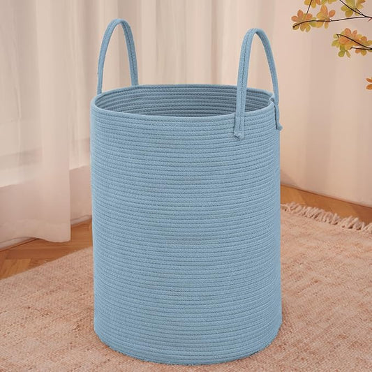 Large Woven Laundry Basket Hamper,100L Cotton Rope Storage Bin for Blankets,Toys and Clothes,Decorative Tall Nursery Hamper for Living Room,Baby Nursery,Bathroom and Bedroom,Blue