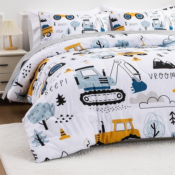 Holawakaka Trucks Tractors Cars Boys 5-Piece Bedding Comforter Sheet Set,Full Size Cartoon Construction Car Excavator Print Kids Bed in A Bag, Excavator Mixer Truck Printed Bed Sets (White Full)