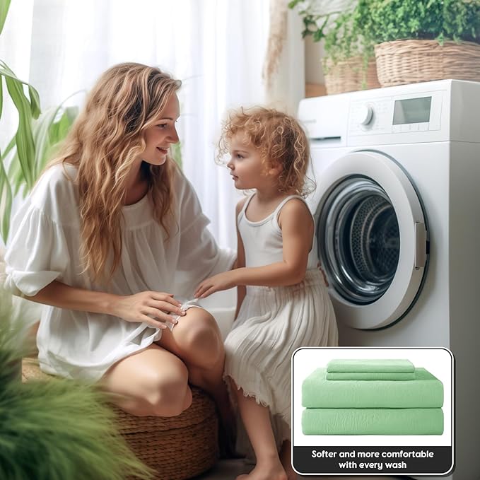 SONORO KATE 100% French Pure Linen Sheets, Breathable and Durable Linen Sheets, Anti-Tear Linen Bed Sheets, Machine Washable, 16 Inch Deep Pocket - 4 Piece (Green, California King)