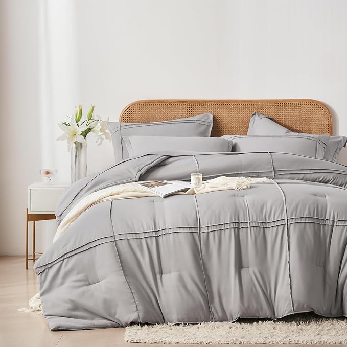 Yogeneg King Size Comforter Set 7 Piece Bed in a Bag,Grid Pinch Pleat Grey Bedding Set,Striped Textured Soft Microfiber Comforter with Sheet Set,All Season Complete Bed Set(Grey,King)