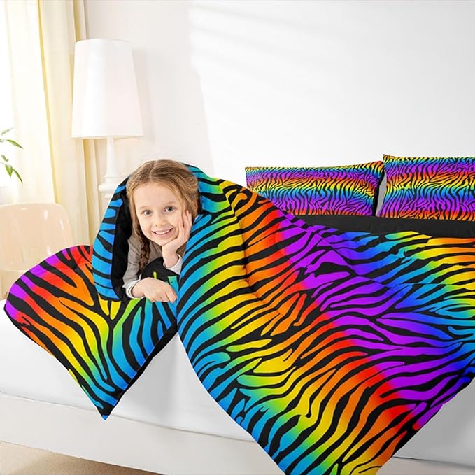 Feelyou Zebras Skins Comforter Rainbow Zebra Stripes Bedding Set Colorful Zebra Pattern Comforter Set for Kids Adults Zoo Animal Fur Print Duvet Set Ultra Soft Room Decor Queen Size Quilt Set