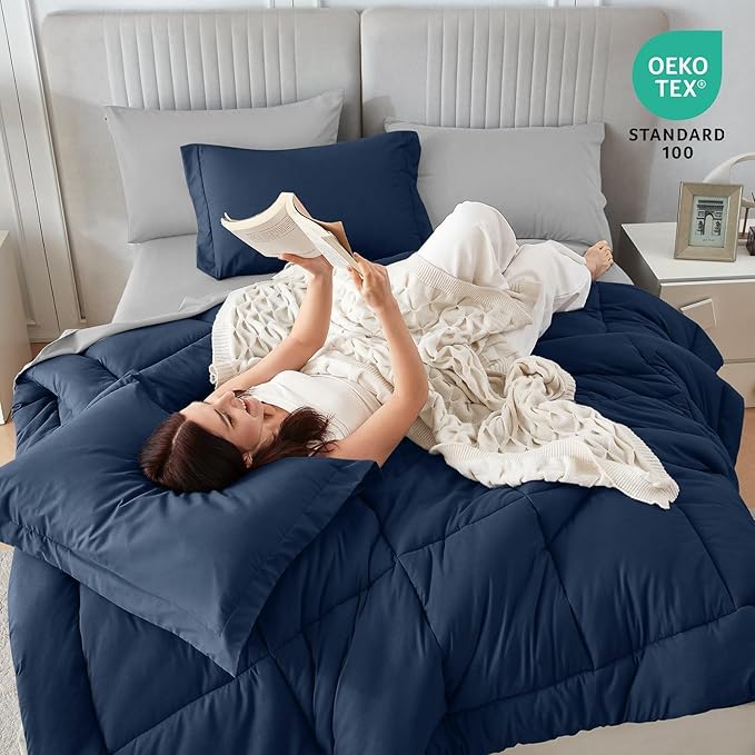 Sasttie Queen Comforter Set, 7 Pieces Bed in a Bag Queen, Complete Bedding Set Includes Comforter, Flat Sheet, Fitted Sheet, Pillowcases and Pillow Shams, Navy & Light Grey