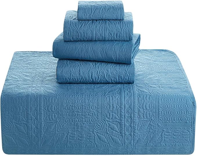 Hearth & Harbor Quilts Queen Size - All Season Bedspread Coverlet Set, Pinsonic Weave Lightweight Bedding Set - 5 Piece Queen Quilt Set with Pillow Shams, Grid - Blue Heaven