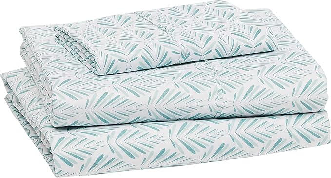 Amazon Basics Lightweight Super Soft Easy Care Microfiber 3 Piece Bed Sheet Set with 14-Inch Deep Pockets,Twin XL,Aqua Fern,Printed,(Pack of 4)