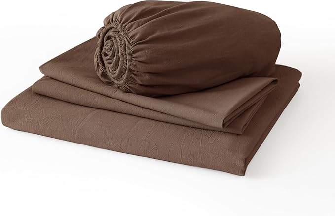 JIYUAN 100% Washed Cotton Sheet Set 4 Pieces Queen,1 Fitted Sheet,1 Flat Sheet and 2 Pillowcases,Comfy and Breathable Linen Like Bedding Set,Chocolate Brown