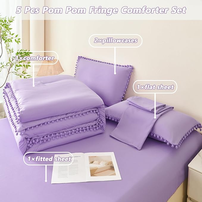 PERFEMET 5 Pieces Queen Bed in a Bag Light Purple Pom Pom Comforter Sets Cozy Fluffy Boho Bedding Set for Girls Soft Microfiber Solid Bedding Comforter Set with Sheets(Light Purple, Queen)
