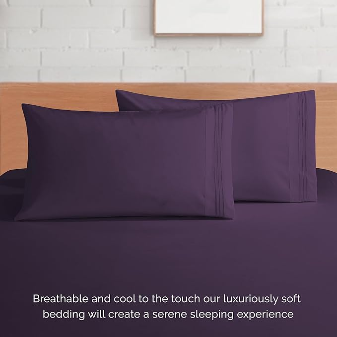 Elegant Comfort Luxurious 1500 Premium Hotel Quality Microfiber 4-Piece Sheet Set, 18-24 Inches Deep - Extra Deep Pocket Sheets - Ultra Soft 4PC Deep Pocket Sheets, California King, Eggplant-Purple