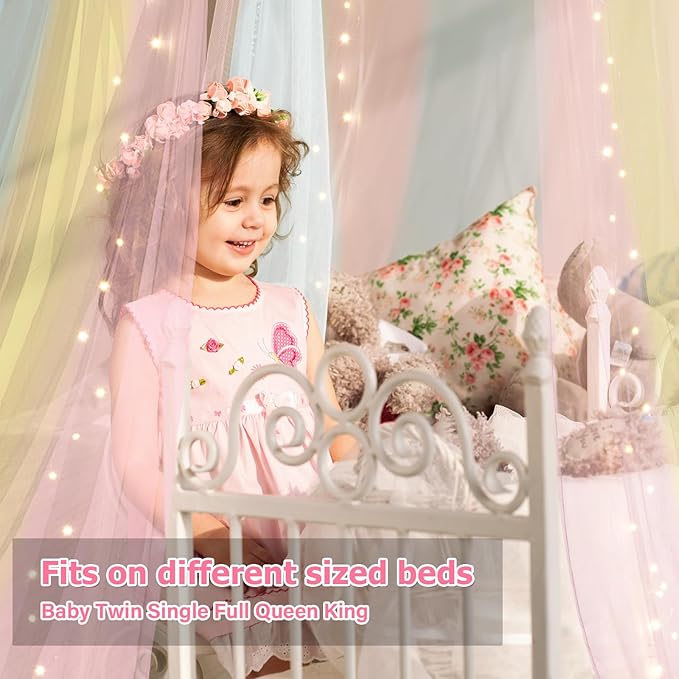 Bed Canopy with Lights, Bed Canopy for Girls Princess with Luminous Stars, Canopy Bed Curtains for Twin to King Size Bed, Baby Kids Adult Indoor Decor Bedroom Reading Nook Outdoor Camping, Rainbow