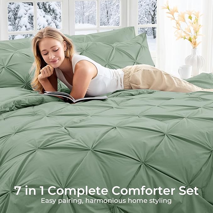 Sasttie Full Size Comforter Set, 7-Piece Bed in a Bag Double, Pintuck Bedding Set for All Season, Includes Comforter, Flat Sheet, Fitted Sheet, Pillowcases and Pillowshams, Sage Green
