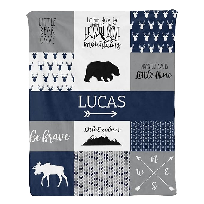 Personalized Baby Blanket, Blue Woodland Baby Blankets for Boys, Super Soft Nursery Blankets with Cotton Front and Dotted Fleece Backing, Printed Bed Throws Newborn