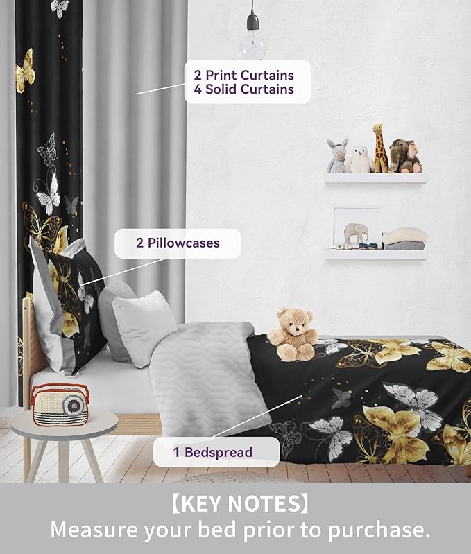Comforter Sets with Matching Curtains 1Bedspread 2Pillowcases 2Print Curtains 4Solid Curtains Queen Comforter Set with Curtains Black and Gold Comforter Set Luxuriously Soft Glam Bedroom
