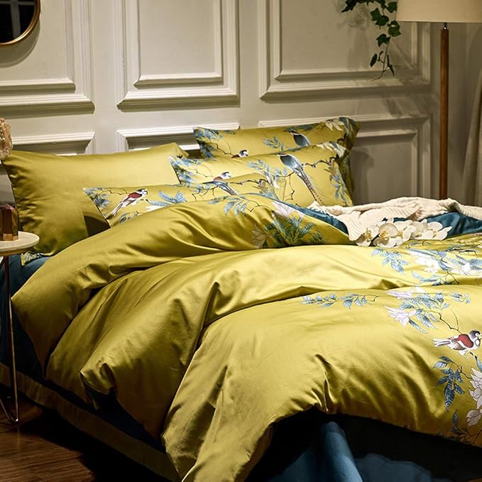mixinni Bird Duvet Cover Twin XL Garden Floral Duvet Cover Cotton Flowers on Yellow Bedding Set Girls Bedding Comforter Cover for Teen Girls 1 Duvet Cover with 2 Pillowcases-Twin XL Size