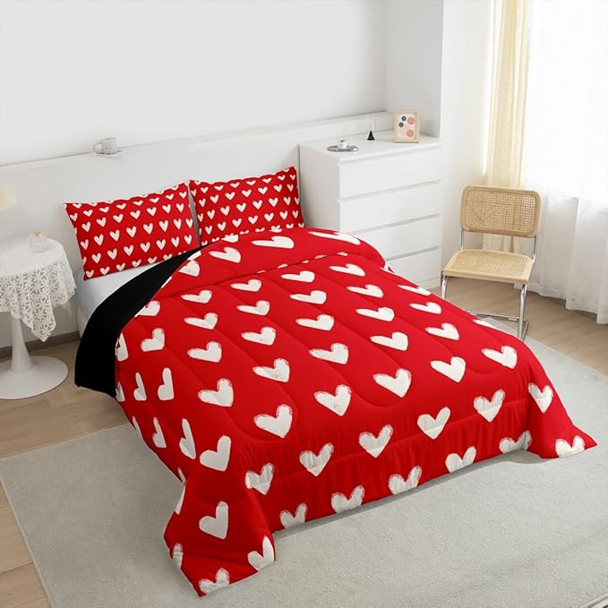 Red White Comforter Set King Size Cute Heart Pattern Bedding For Kids Boys Girls Valentine Day Gift Quilt Cartoon Love Geometric Duvet Insert Love Heart Soft Warm Bedding Sets Bedroom Decor 3Pcs