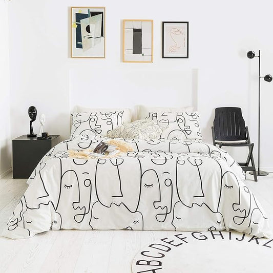 YuHeGuoJi Geometric Face Duvet Cover King 100% Cotton Modern Black White Striped Duvet Cover with Zipper Ties 2 Pillowcases Artistic Abstract Drawing Line Geometric Bedding Set Soft
