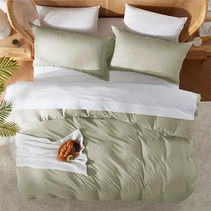 Nestl Light Sage Duvet Cover Queen Size - Soft Double Brushed Queen Duvet Cover Set, 3 Piece, with Button Closure, 1 Duvet Cover 90x90 inches and 2 Pillow Shams