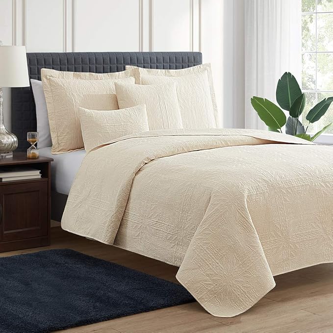Hearth & Harbor Quilts Queen Size - All Season Bedspread Coverlet Set, Pinsonic Weave Lightweight Bedding Set - 7 Piece Queen Quilt Set with Pillow Shams, Grid - Cream