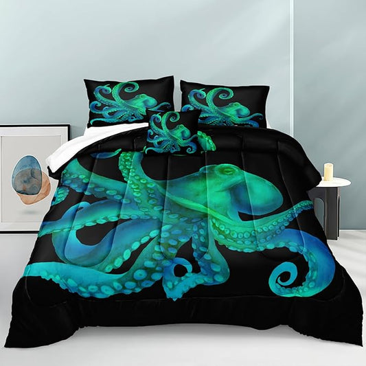 Bedbay Ocean Octopus Comforter Set Queen Size Ocean Animal Comforter Set for Kids Teens Sea Marine Themed Octopus Bedding Tentacles Pattern Queen Bedding Set