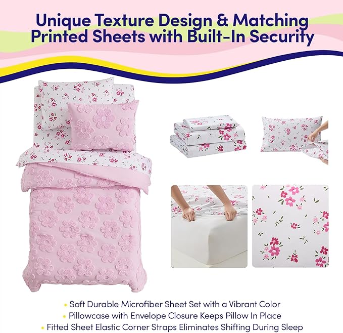 Kids Twin Size Bed in a Bag Tufted Comforter & Sheet Set – Complete Bedding Set with Corner Strap Fitted Sheet, Ultra Soft Lightweight All Season Comforter, Girls Bedroom, Dorm, Guest Room