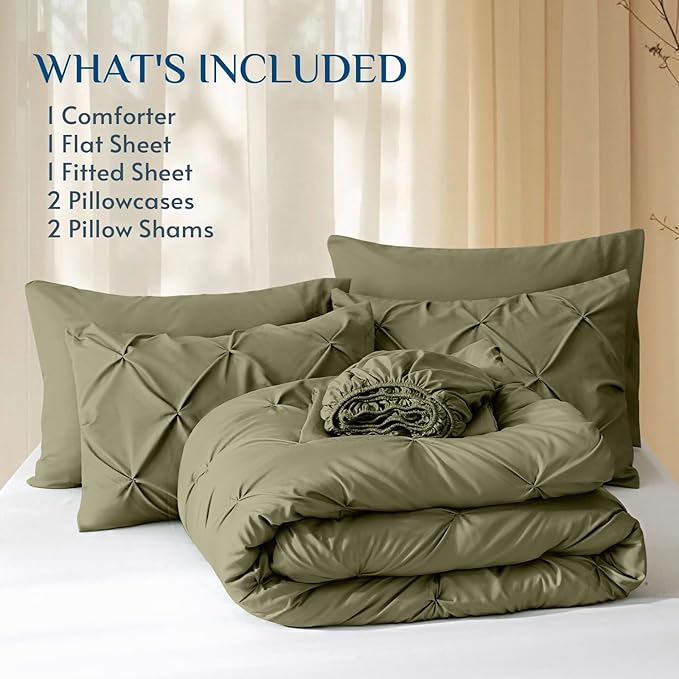 JOLLYVOGUE Full Size Comforter Sets 7 Pieces - Bed in a Bag Full for All Season, Pintuck Bedding Comforter Sets with Comforter, Flat Sheet, Fitted Sheet and Pillowcases & Shams, Olive Green