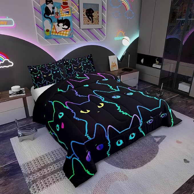 Erosebridal Cute Cat Kids Comforter Neon Rainbow Line Cat Twin Bedding Set for Girls Boys Teen Cartoon Kawaii Cats Toddler Bed Set Colorful Animals Quilt Set Reversible Black,1 Pillow Case