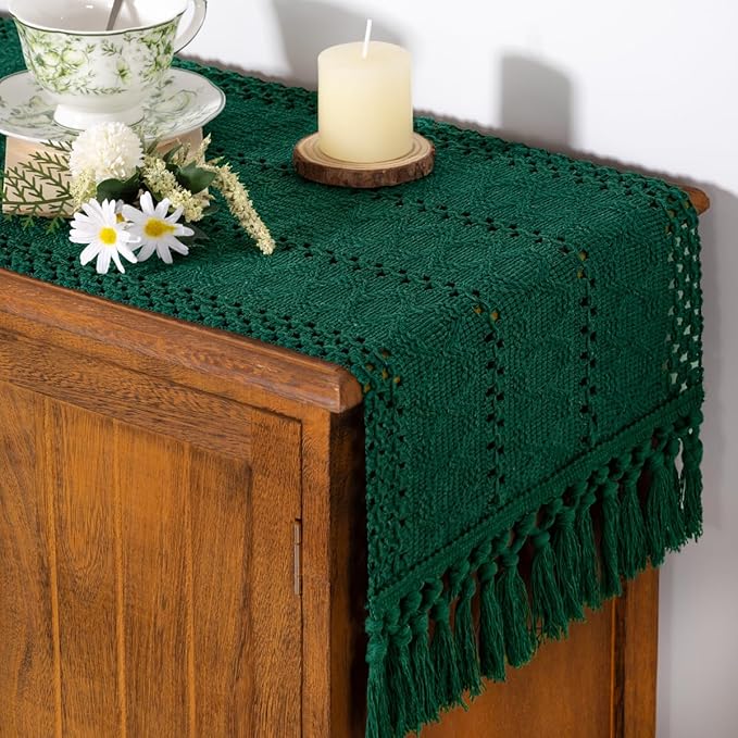 Socomi Boho Table Runner Valentine's Day Farmhouse Rustic Dining Kitchen Centerpiece Decor Small Macrame Woven Cotton Linen Coffee Table Runner for Dresser Scarf Home Decor 12x60 inch Emerald Green