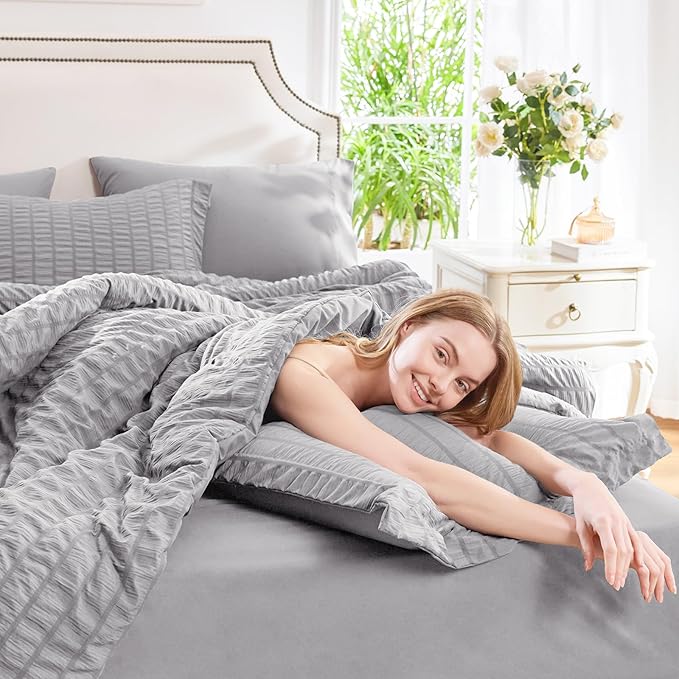CozyLux King Size Comforter Set Grey Seersucker 7 Pieces Bed in a Bag King Comforter Set with Sheets, Gray Luxury Bedding Set with Down Alternative Comforter, Sheets, Pillowcases & Shams All Seasons