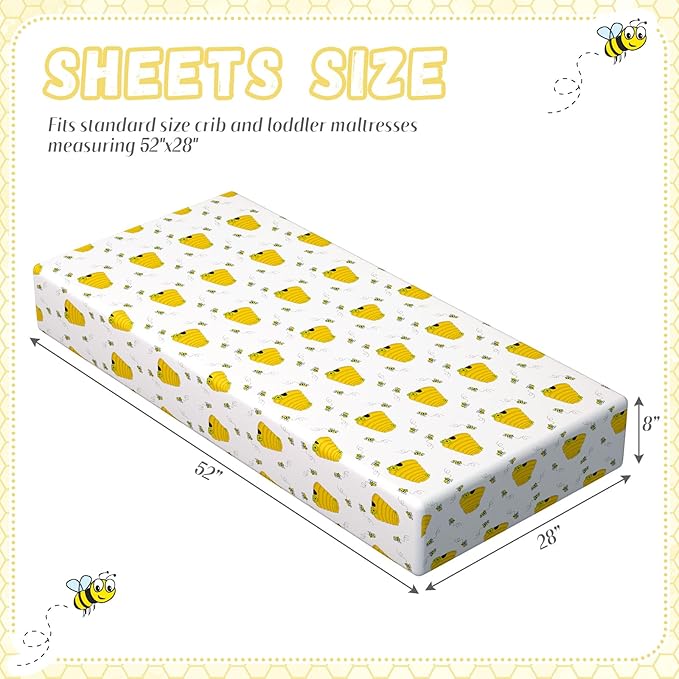 Peryiter 4 Pack Crib Sheets Girl Soft Baby Bed Sheet Set 52'' x 28" Nursery Crib Sheets for Standard Bed for Nursery Decor Baby Boys or Girls(Yellow,Bee)