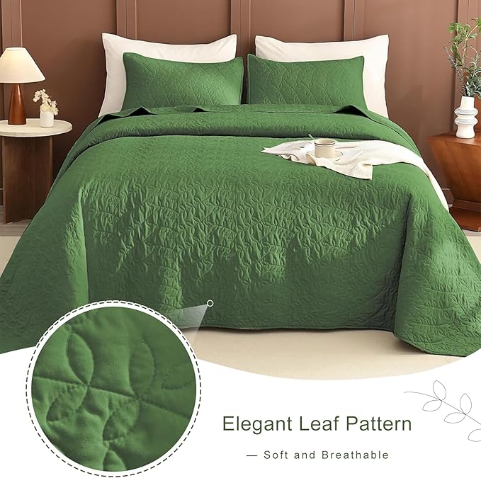 Lady Ann Olive Green Oversized King Bedspread 128x120, 3 Pcs Leaves Pattern Printed Oversized King Quilt Set for Extra Large Bed, Lightweight & Soft Farmhouse Bedspreads & Coverlets