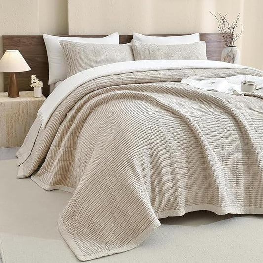 Sanracie Oversized Queen Quilt (102"x118"), Cotton Waffle Weave Quilt Sets, 3Pcs Luxury Aesthetic Quilt Bedding Set, Soft Breathable Lightweight Farmhouse Coverlet Set for All Season, Wheat
