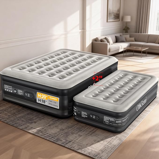 OhGeni 20" Queen Air Mattress (1-Pack) with Built in Pump, Inflatable Blow Up Bed, Upgraded Air Column Support for Enhanced Stability, Raised Height for Easy Entry & Exit, 650 lbs Capacity