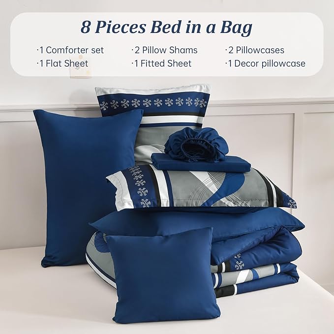 Anibedding Comforter Set King Size,8 Pieces Navy Blue Boho Bed in a Bag Patchwork Striped Comforter Set, Soft Microfiber Bedding Set for All Season(104"×90")