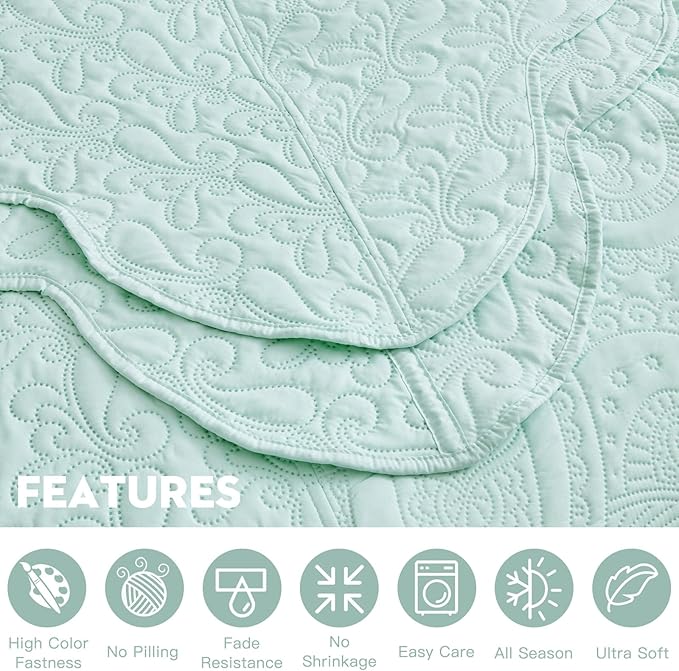 Oversized King Bedspread 138x122 Extra Wide, Ultrasonic Lightweight Bedding Cover, Paisley Pattern, Reversible, 5 Piece, 100% Microfiber, California/Alaskan King, Skylight