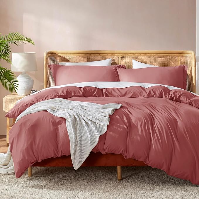 Nestl Queen Duvet Cover Set with Comforter Insert - Pink Clay 4 Piece 90x90 Duvet Cover & 2 Pillow Shams with White Quilted Down Alternative Comforter, Ultra Soft, All Season