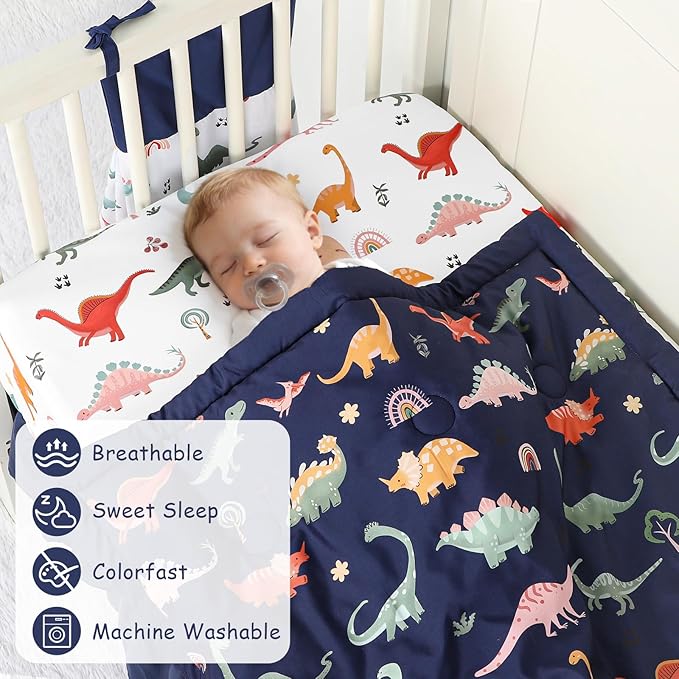 Crib Bedding Set for Boys, Baby Crib Bedding Set 4 Piece, Baby Boy Nursery Bedding Set Including Comforter, Fitted Crib Sheet, Crib Skirt, Diaper Stacker, Blue Dinosaur | Cute Pattern, 4 Piece