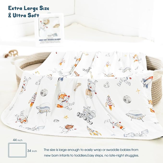 GRSSDER Reversible Baby Swaddle Blankets 2 Pack, Super Soft Jersey Knit Baby Quilt Blanket for Baby Boys, Stretchy Breathable Receiving Blankets 34 x 44 Extra Large for Swaddling, Sea Fish & Space