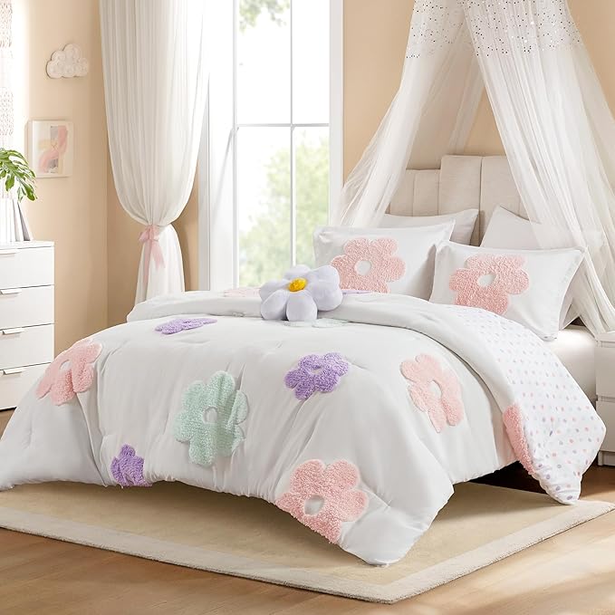 Intelligent Design Kids Full Comforter Set for Girls, Tufted Chenille Floral Comforter Set Queen, Lightweight Polka Dot Reversible Bed Set, Shams, Pillow, Gracie, Full/Queen White/Purple 4 Piece