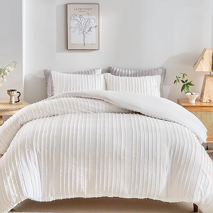 WARMDERN White Boho Duvet Cover Set Full Size, Striped Textured Duvet Cover Tufted Bedding Set, 3 Pcs Ultra Soft Washed Microfiber Duvet Cover with Zipper Closure (Full, White)
