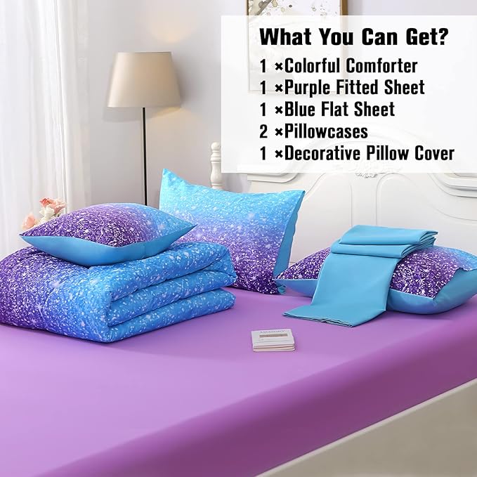JQinHome Queen Blue Purple Comforter Set, 6 Piece Bed in A Bag 3D Colorful Ombre Bedding Set for Girls Women (1 Comforter,2 Pillowcases,1 Flat Sheet,1 Fitted Sheet,1 Cushion Cover)(Blue Purple)