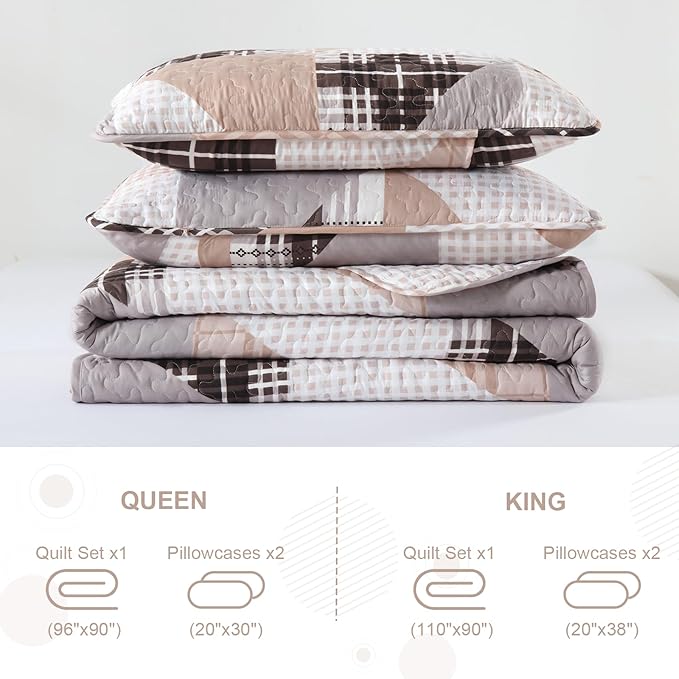 Annibedding Quilt Set Queen Size, Plaid Patchwork Bedspread Geometric Reversible Bedding Sets, 3 Piece Soft Microfiber Farmhouse Bedding Quilt Set for All Season (Queen, 96''x90'')