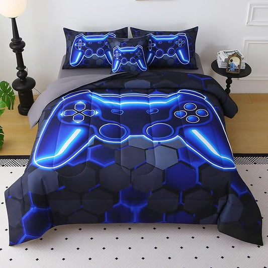 JQinHome Queen Size Gaming Bedding Set 6-Piece Comforter for Boys Teens - 3D Video Game Print Bed in a Bag with Sheets, Blue Cool Black Design (Queen)