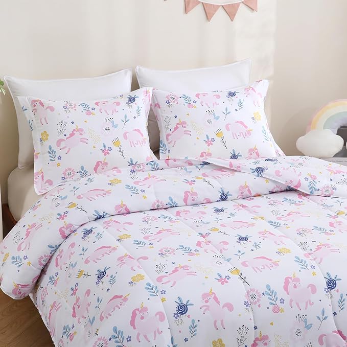Yibeizi Pink Unicorn Comforter Set for Girls Twin, Kids Boho Floral Printed Bedding Set with Pillow Sham, Cute Lightweight Soft Breathable Machine Washable Quilted Bed Comforter Set 2 Piece