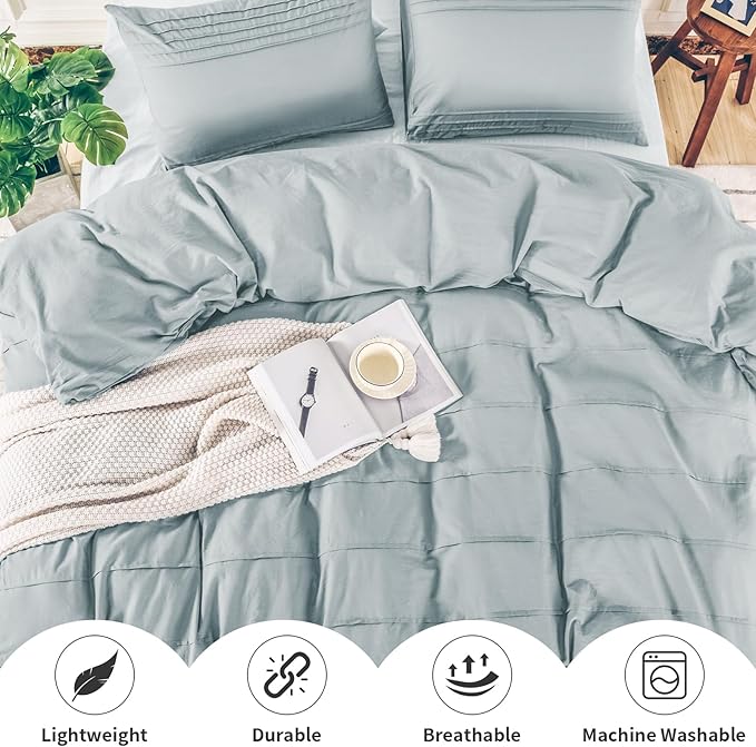 NEXHOME PRO 100% Washed Cotton Duvet Cover Full Size, Pleated Textured Duvet Cover Set Azure Blue, 3 Pieces Bedding Set with Zipper Closure, Soft, Lightweight and Breathable (80"x90", No Comforter)